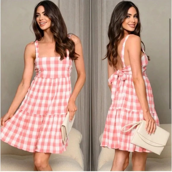 USA Made rose white gingham check plaid cute women’s summer mini dress - Picture 3 of 3
